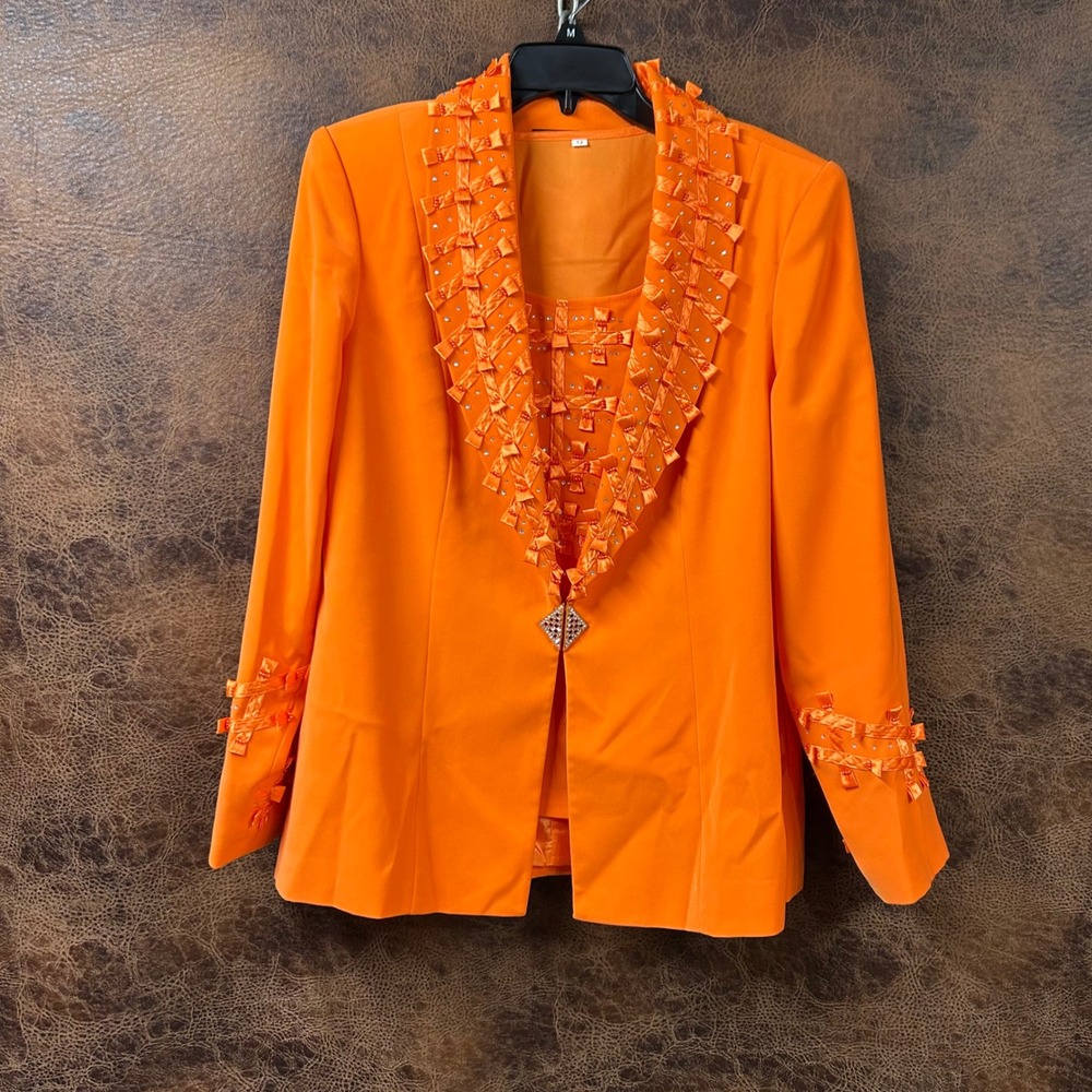 Vintage Studio B Vibrant Orange 3-Piece Suit‎ 12 Ribbon and Sequin Brooch Detail